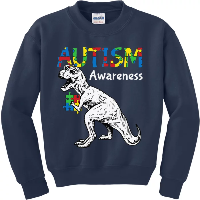 TRex Autism Awareness Cute Dinosaur Puzzle Piece Animal Kids Sweatshirt