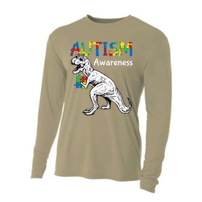 TRex Autism Awareness Cute Dinosaur Puzzle Piece Animal Cooling Performance Long Sleeve Crew