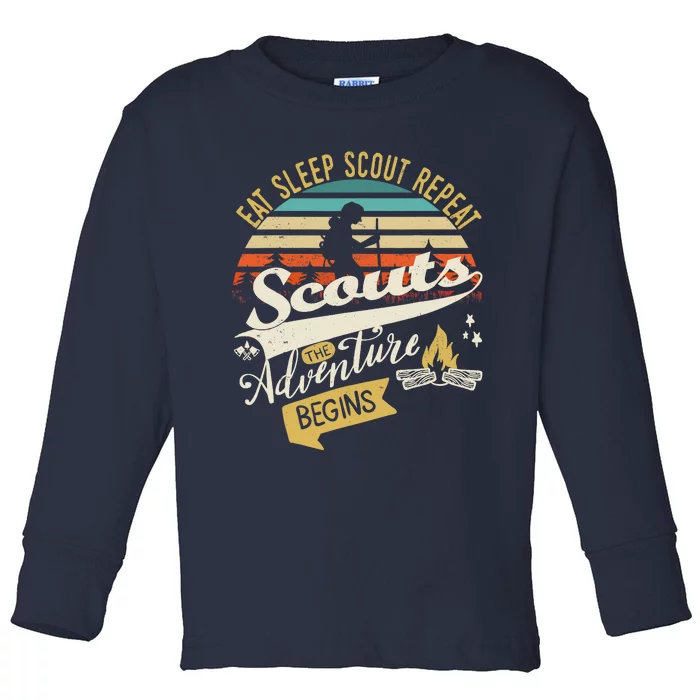 The Adventure Begins | Eat Sleep Scout Repeat | Funny Scout Toddler Long Sleeve Shirt