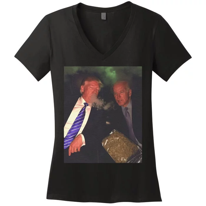 Trump And Biden Smoking Weed  Funny Politics Women's V-Neck T-Shirt