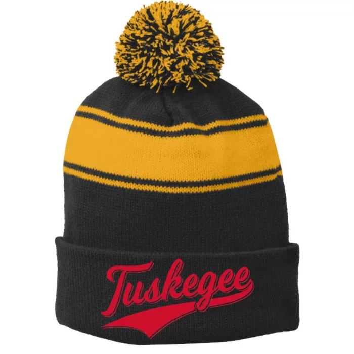 Tuskegee Alabama Baseball Sports Script Cursive With Swoosh Stripe Pom Pom Beanie