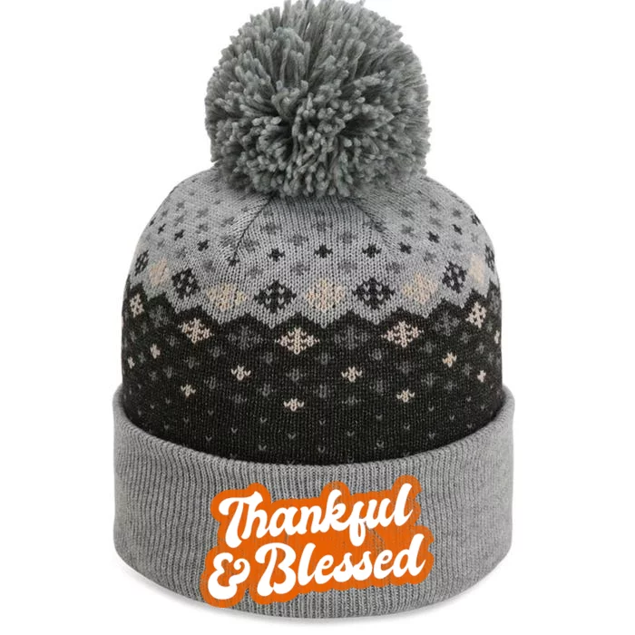 Thankful And Blessed Retro Distressed Logo The Baniff Cuffed Pom Beanie