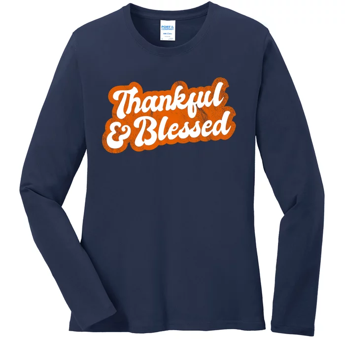 Thankful And Blessed Retro Distressed Logo Ladies Long Sleeve Shirt