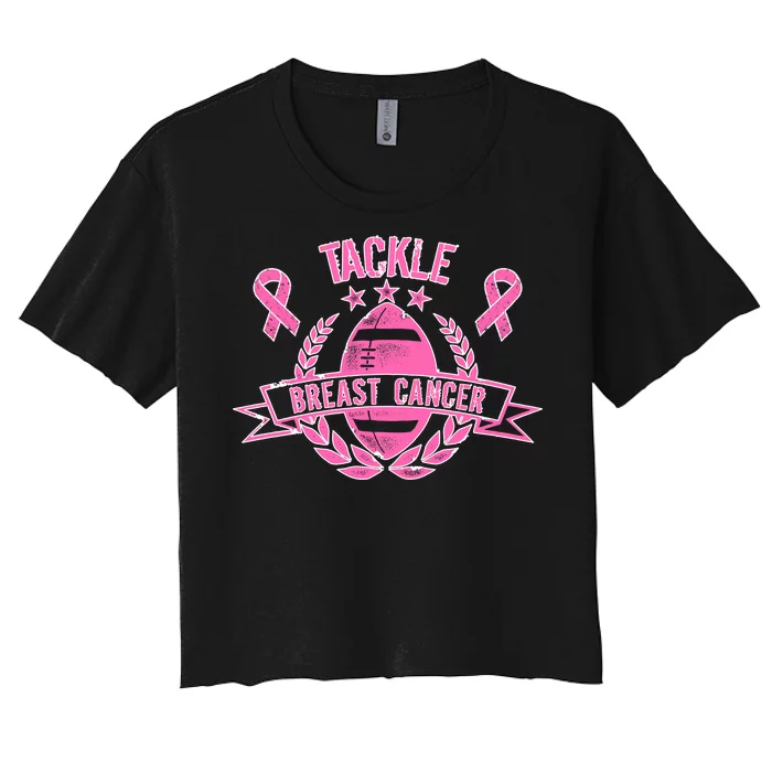 Tackle Breast Cancer Football Pink Ribbon Women's Crop Top Tee