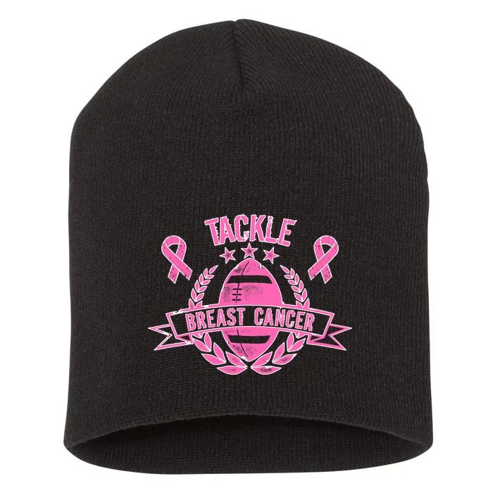 Tackle Breast Cancer Football Pink Ribbon Short Acrylic Beanie