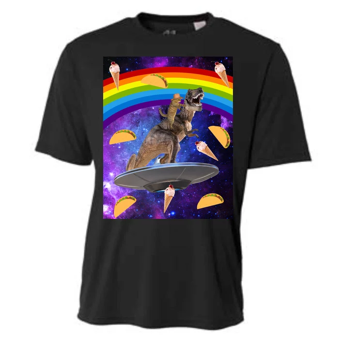 Taco Kitty Riding T-Rex Rainbow Space Cat Cooling Performance Crew T-Shirt