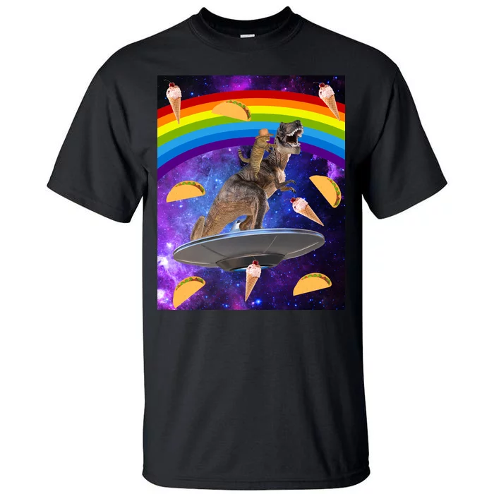 Taco Kitty Riding T-Rex Rainbow Space Cat Tall T-Shirt