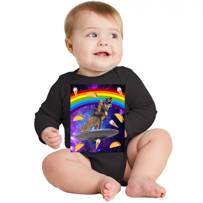 Taco Kitty Riding T-Rex Rainbow Space Cat Baby Long Sleeve Bodysuit