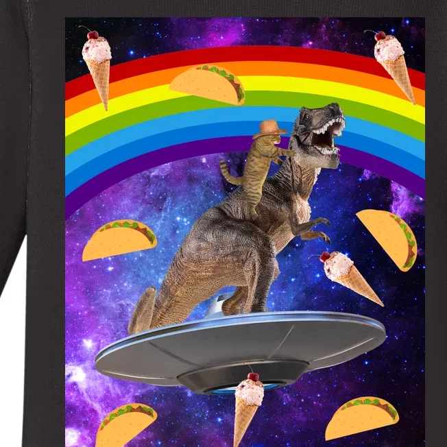 Taco Kitty Riding T-Rex Rainbow Space Cat Baby Long Sleeve Bodysuit