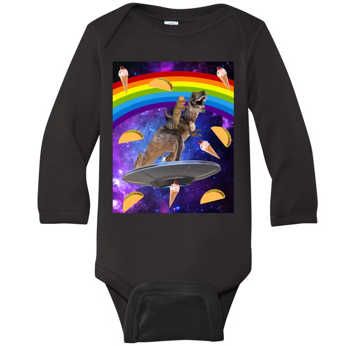 Taco Kitty Riding T-Rex Rainbow Space Cat Baby Long Sleeve Bodysuit