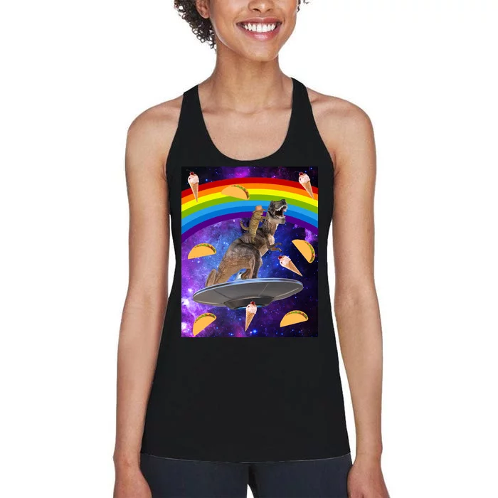 Taco Kitty Riding T-Rex Rainbow Space Cat Women's Racerback Tank