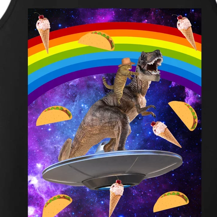 Taco Kitty Riding T-Rex Rainbow Space Cat Performance Tank