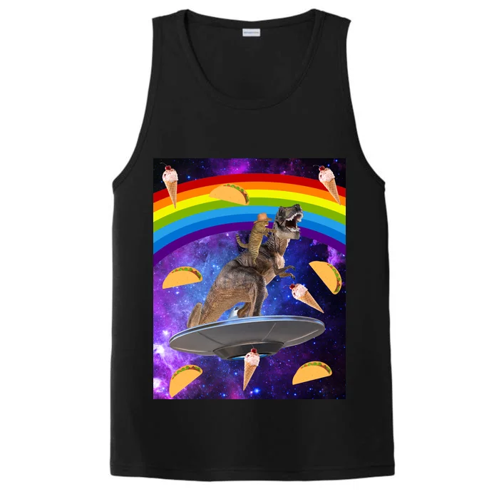 Taco Kitty Riding T-Rex Rainbow Space Cat Performance Tank