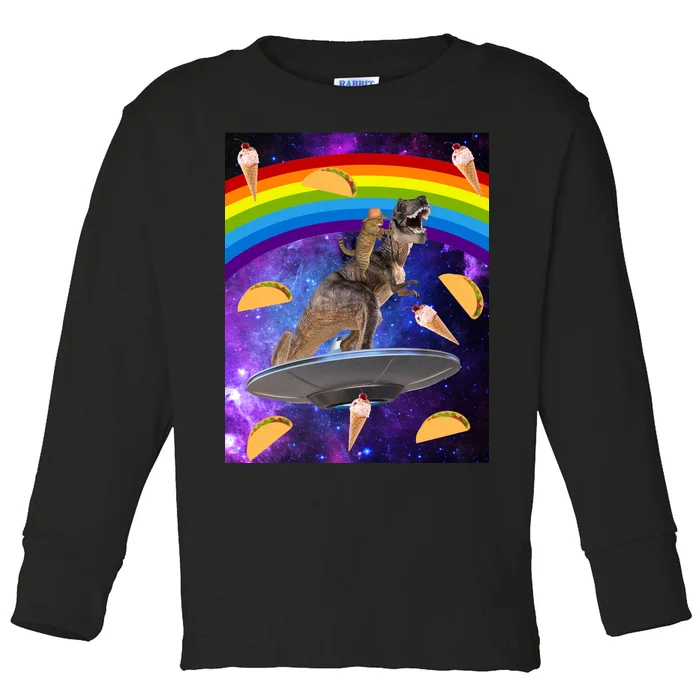 Taco Kitty Riding T-Rex Rainbow Space Cat Toddler Long Sleeve Shirt