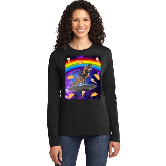 Taco Kitty Riding T-Rex Rainbow Space Cat Ladies Long Sleeve Shirt