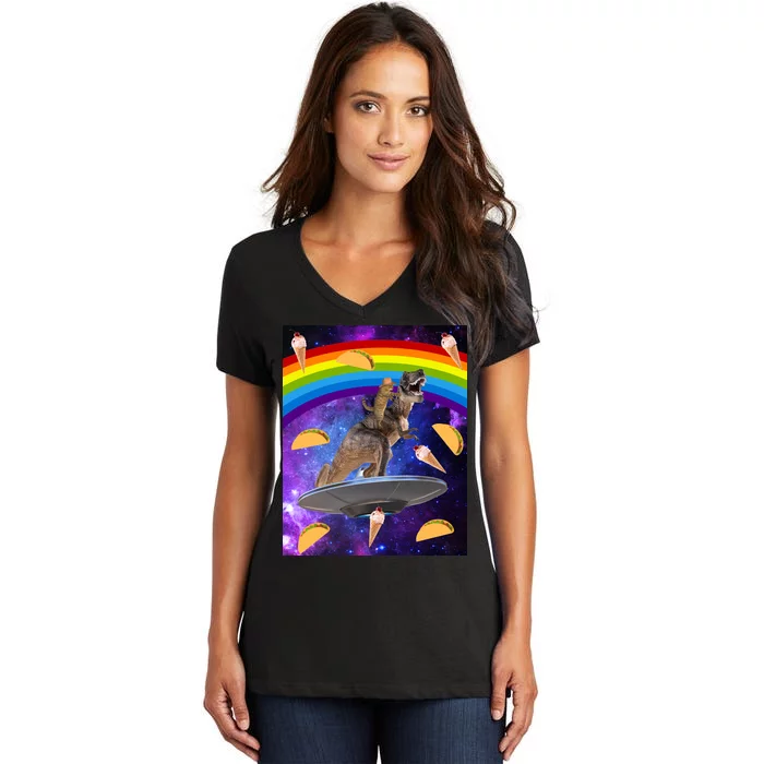 Taco Kitty Riding T-Rex Rainbow Space Cat Women's V-Neck T-Shirt