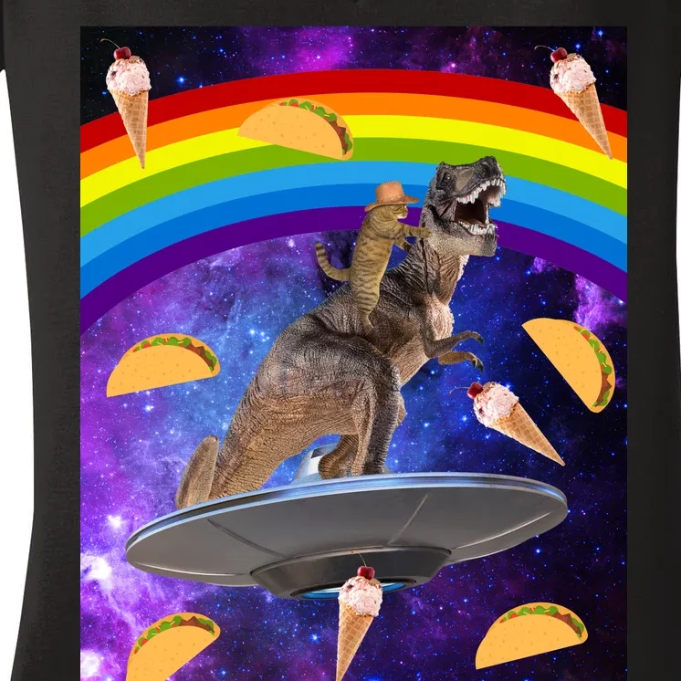 Taco Kitty Riding T-Rex Rainbow Space Cat Women's V-Neck T-Shirt