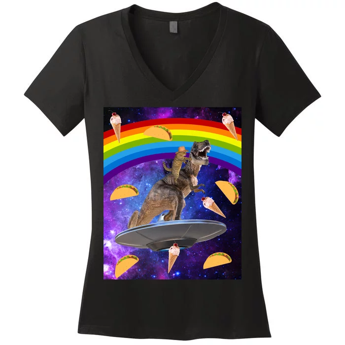 Taco Kitty Riding T-Rex Rainbow Space Cat Women's V-Neck T-Shirt