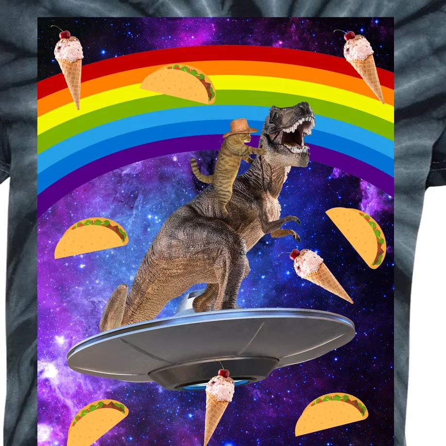 Taco Kitty Riding T-Rex Rainbow Space Cat Kids Tie-Dye T-Shirt