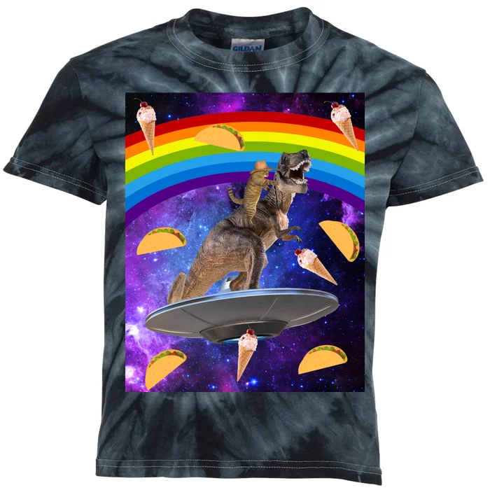 Taco Kitty Riding T-Rex Rainbow Space Cat Kids Tie-Dye T-Shirt