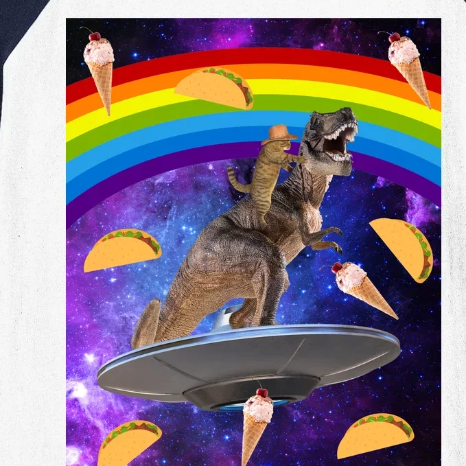 Taco Kitty Riding T-Rex Rainbow Space Cat Baseball Sleeve Shirt