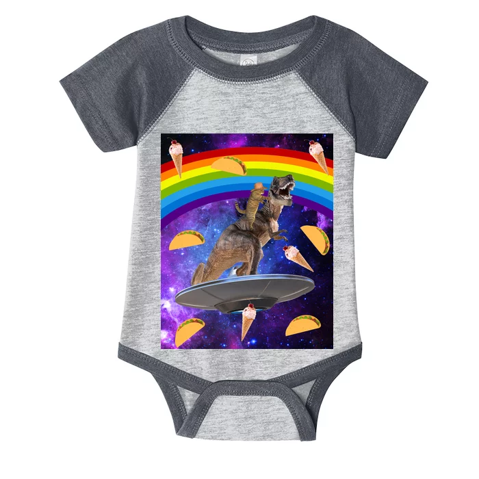 Taco Kitty Riding T-Rex Rainbow Space Cat Infant Baby Jersey Bodysuit