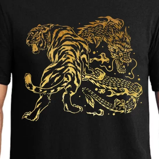 Tiger And Dragon Yin Yang Tattoo Style Gold Print Pajama Set