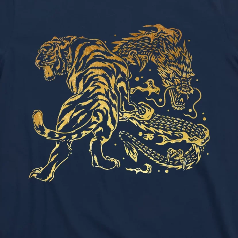 Tiger And Dragon Yin Yang Tattoo Style Gold Print T-Shirt