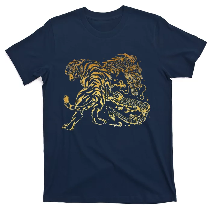 Tiger And Dragon Yin Yang Tattoo Style Gold Print T-Shirt