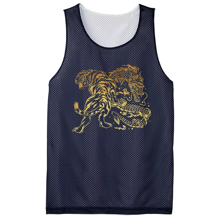 Tiger And Dragon Yin Yang Tattoo Style Gold Print Mesh Reversible Basketball Jersey Tank