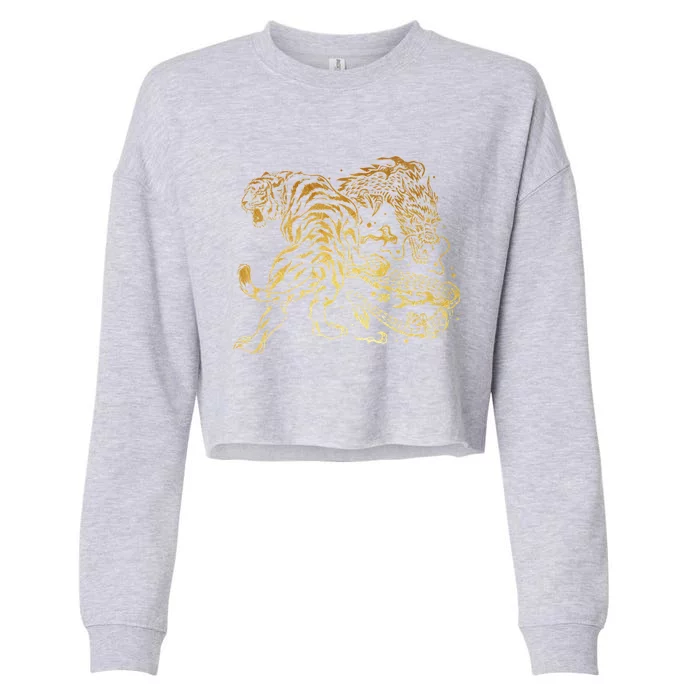 Tiger And Dragon Yin Yang Tattoo Style Gold Print Cropped Pullover Crew