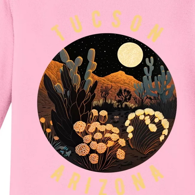 Tucson Arizona Desert At Night Painting Gift Baby Long Sleeve Bodysuit