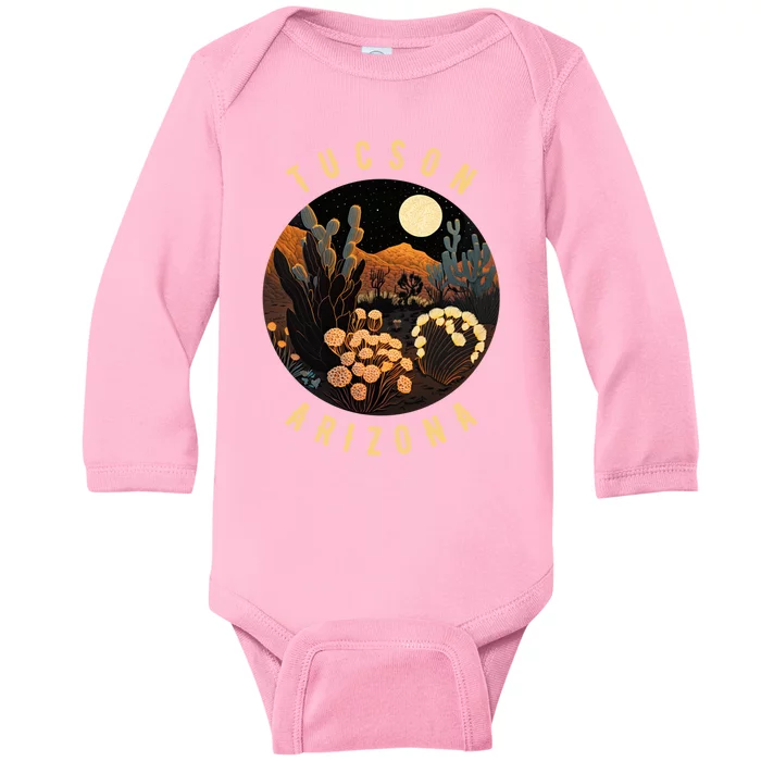 Tucson Arizona Desert At Night Painting Gift Baby Long Sleeve Bodysuit