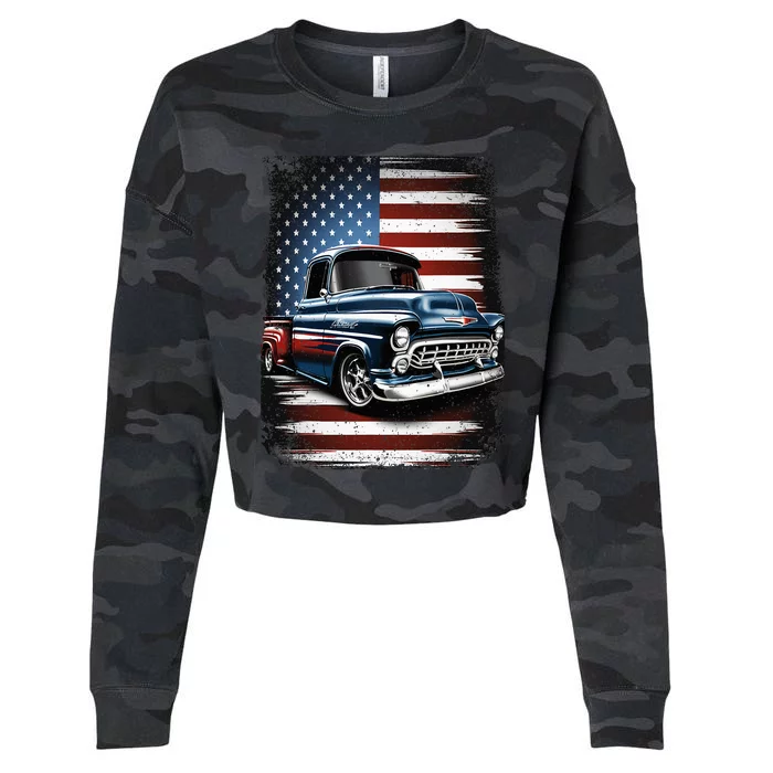 Truck American Flag 4th Of July Patriotic Cropped Pullover Crew