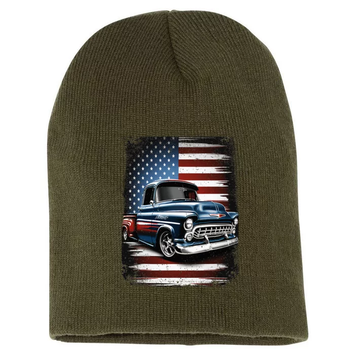 Truck American Flag 4th Of July Patriotic Short Acrylic Beanie