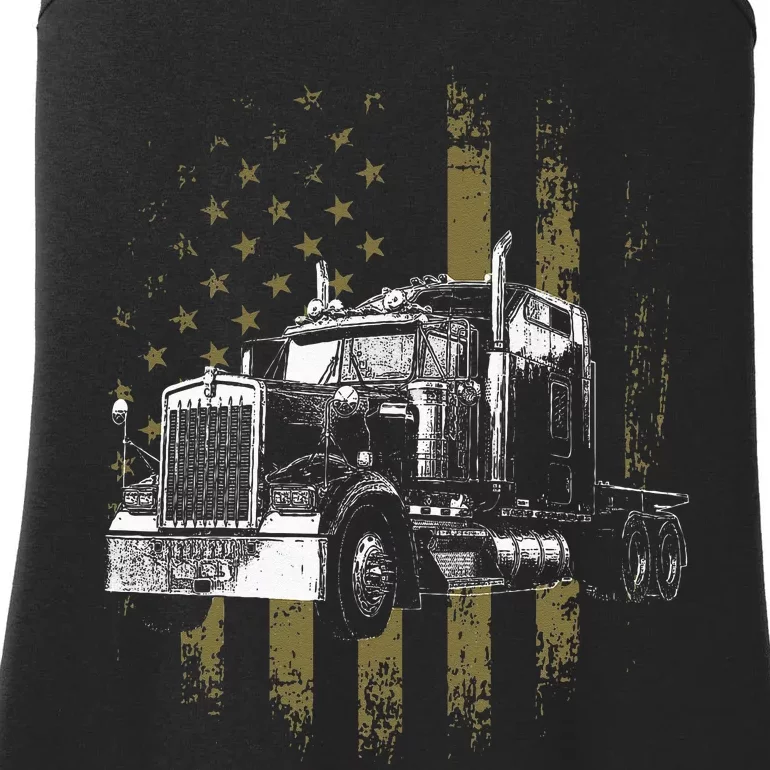 Trucker American Flag Big Rig Semi Trailer Truck Driver Gift Ladies Essential Tank