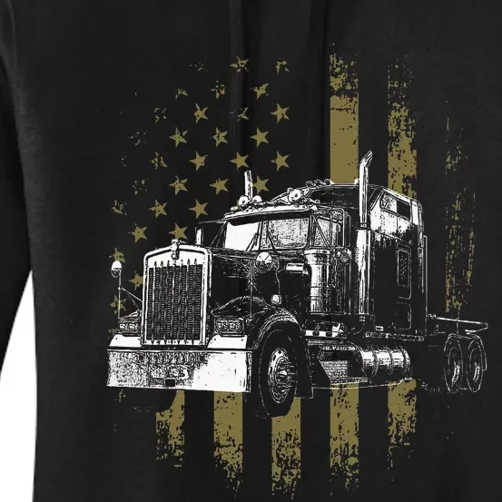 Trucker American Flag Big Rig Semi Trailer Truck Driver Gift Women's Pullover Hoodie