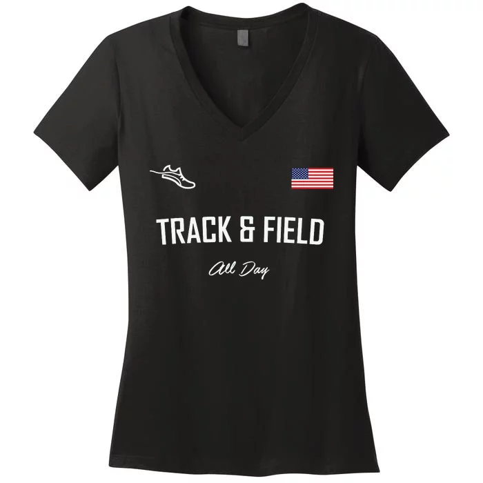 Track And Field Gifts Track Field All Day Usa Flag Women's V-Neck T-Shirt