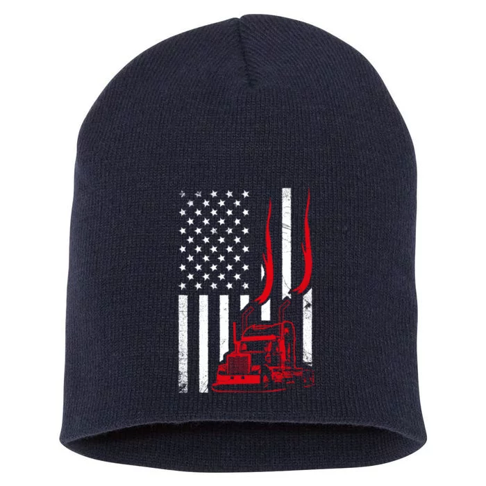 Trucker American Flag Image Truck Driver Dad Illustration Short Acrylic Beanie