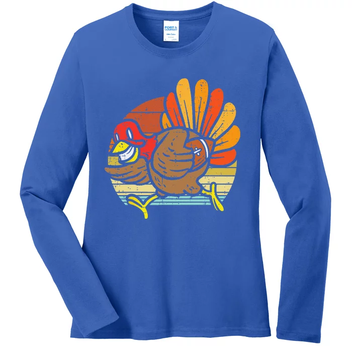 Turkey American Football Retro Thanksgiving Sports Funny Ladies Long Sleeve Shirt