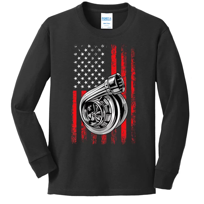 Turbo American Flag Racing Turbo Kids Long Sleeve Shirt