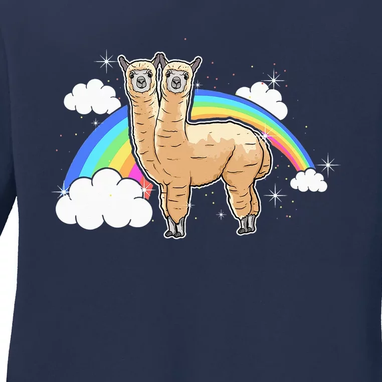 Two-Headed Alpaca Funny Rainbow Birthday Ladies Long Sleeve Shirt