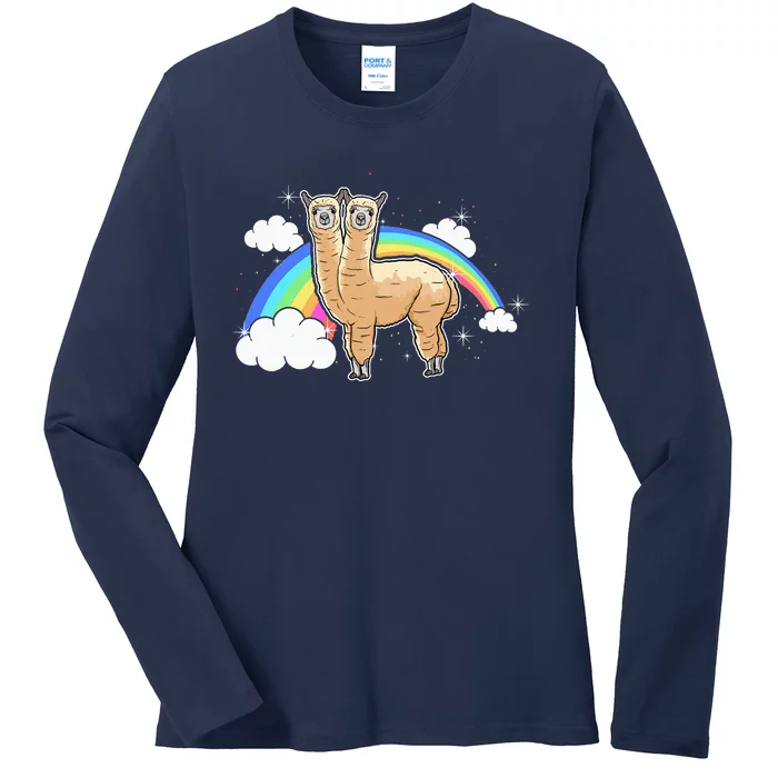 Two-Headed Alpaca Funny Rainbow Birthday Ladies Long Sleeve Shirt