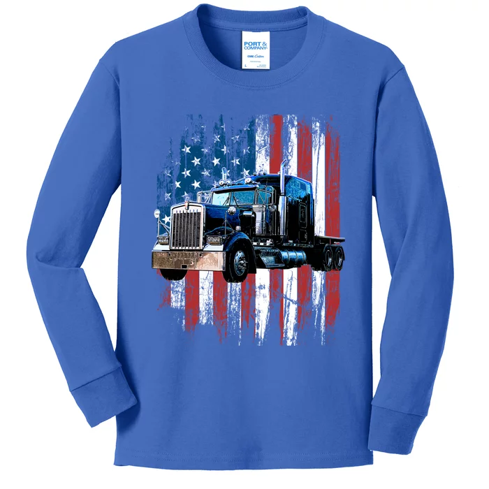 Trucker American Flag Truck Driver Gift Truck Driver Gift Kids Long Sleeve Shirt