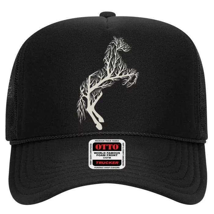 Tree and Horse in Forest Animal Nature Horse High Crown Mesh Trucker Hat