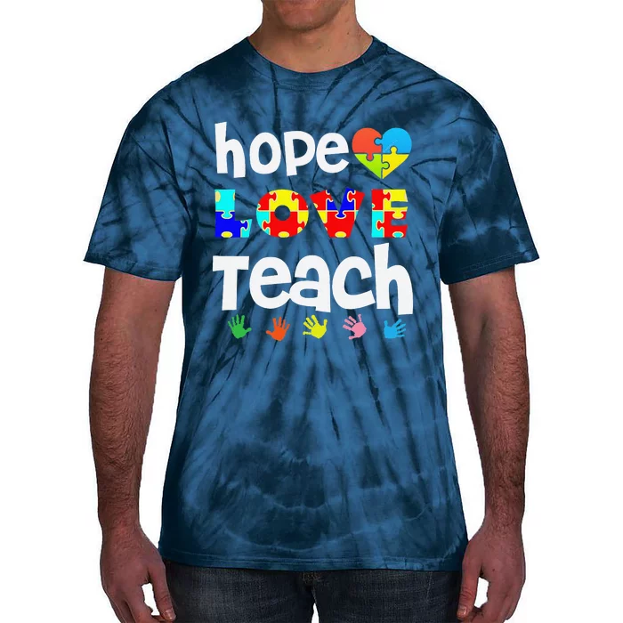 Teacher Autisms Hope Love Teach Puzzle Gift Tees Tie-Dye T-Shirt