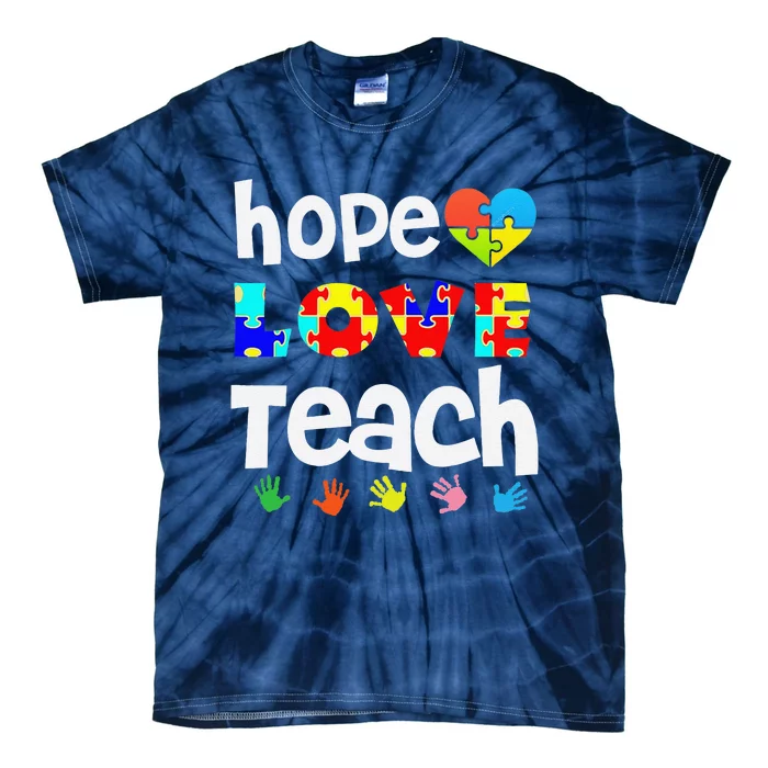 Teacher Autisms Hope Love Teach Puzzle Gift Tees Tie-Dye T-Shirt