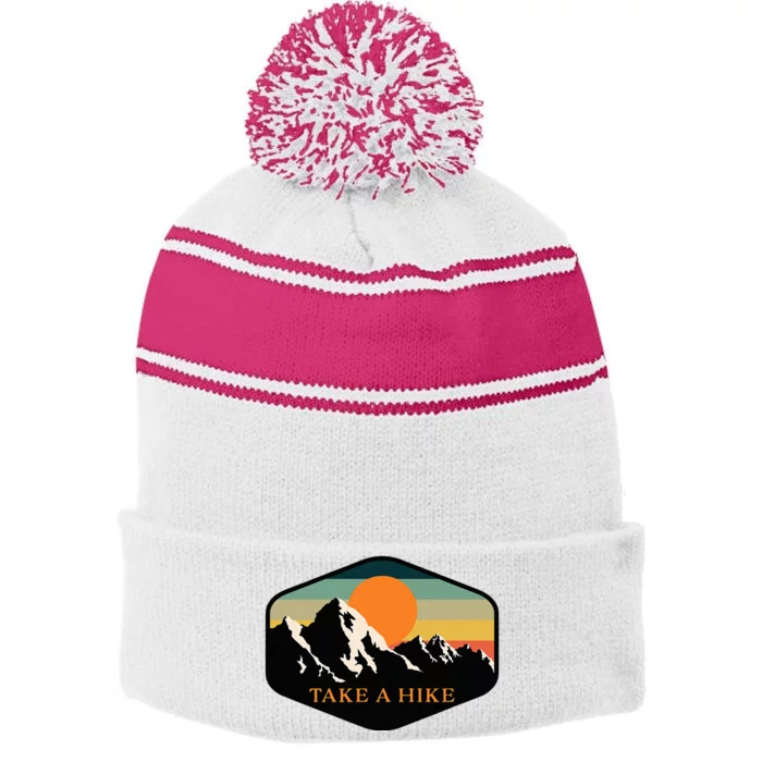 Take A Hike Retro Vintage Outdoor Hiking Stripe Pom Pom Beanie