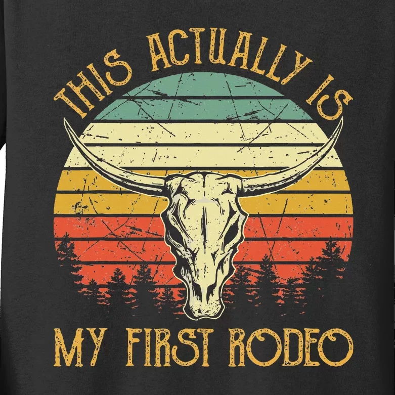 This Actually Is My First Rodeo Country Western Bull Skull Kids Long Sleeve Shirt