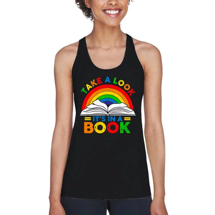 Take A Look Its In A Book Reading Bookworm Retro Rainbow Women's Racerback Tank